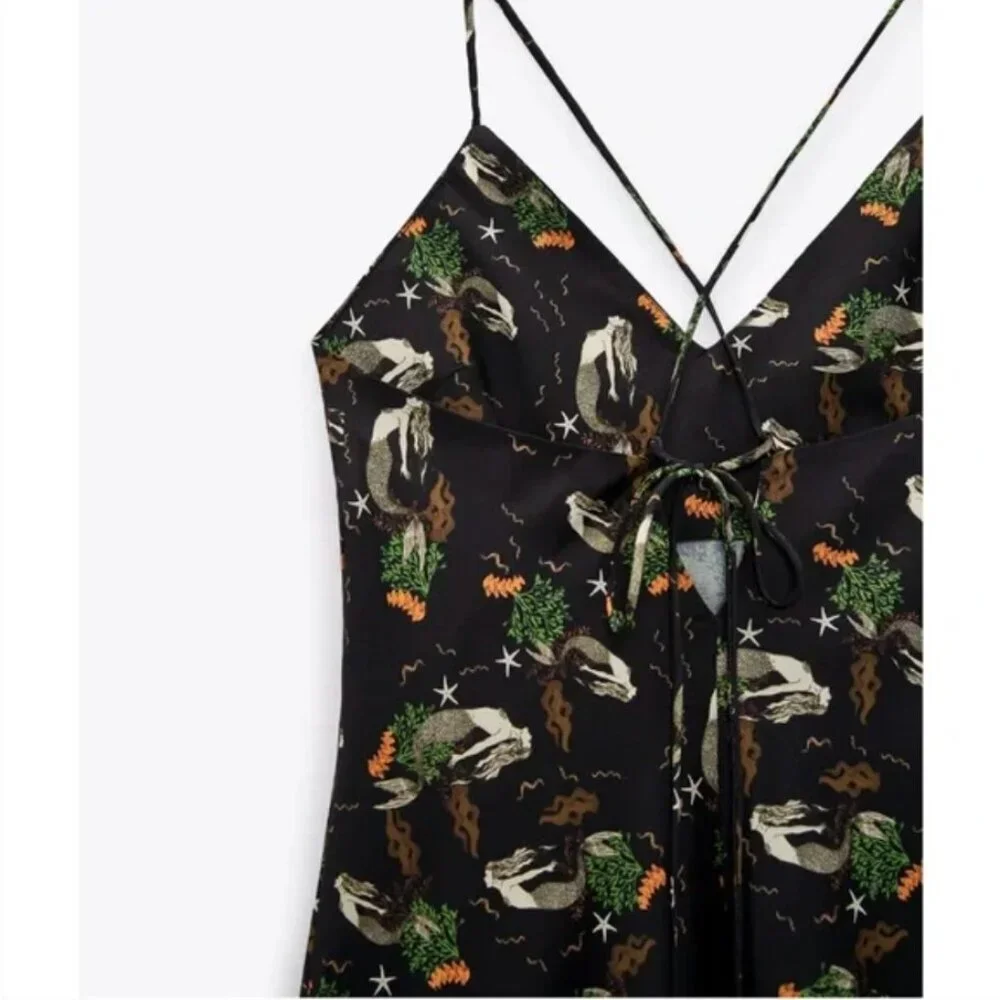 ZARA Mermaid Black Satin Tie Back Mini Slip Dress Size Medium - Picture 5 of 13